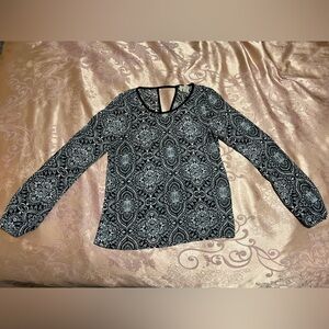 Navy Printed Blouse Sheer Keyhole Back Small